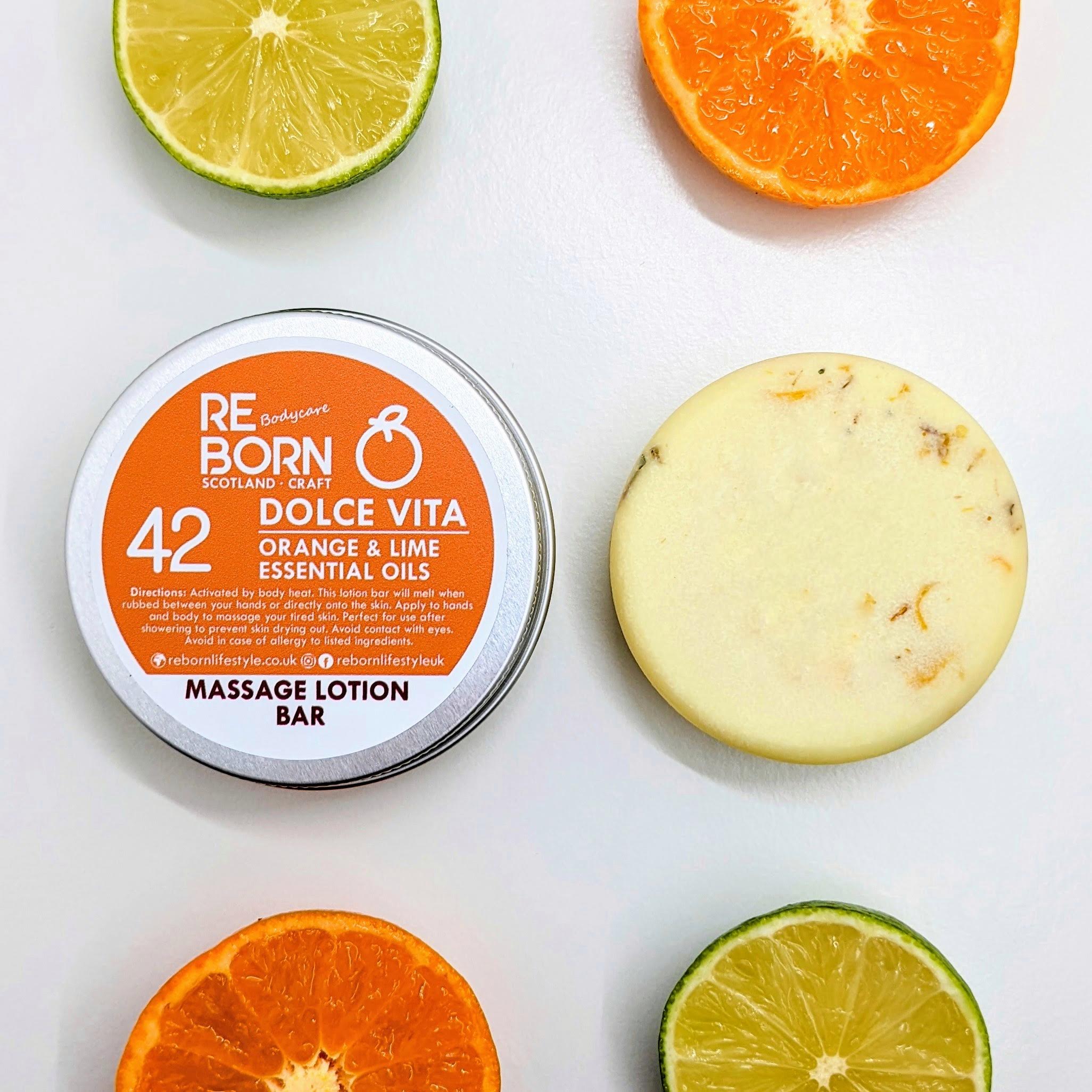 Solid Massage Lotion Bar - with Orange & Lime Essential Oils (45g)